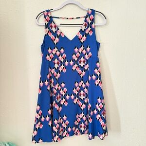 Blue Sleeveless Printed V-Neck Dress